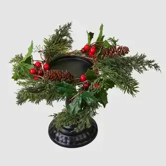 Tudo Christmas Candle Holder Mixed Pine Leaves With Pinecone & Red Berry