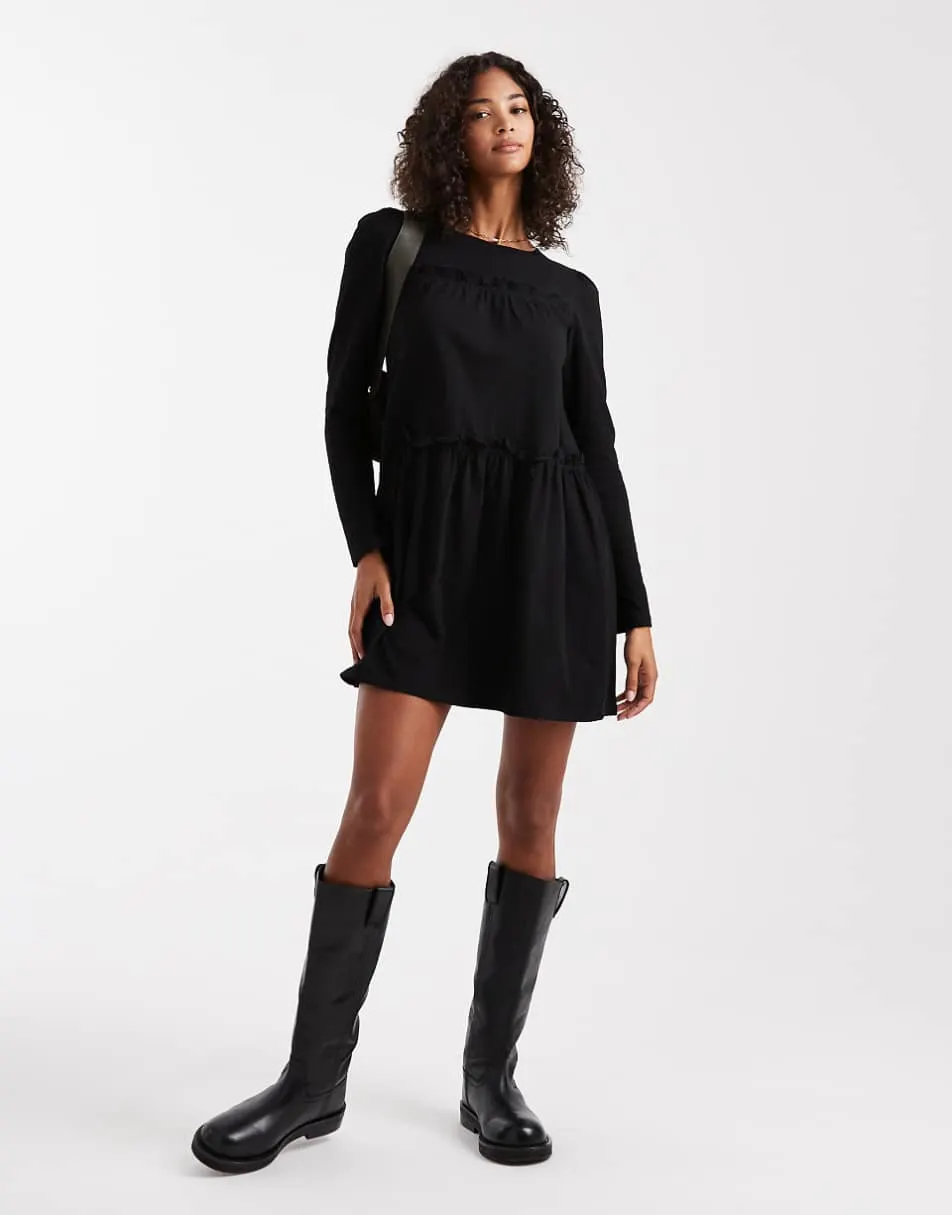 Miss Selfridge ruffle smock mini dress in black