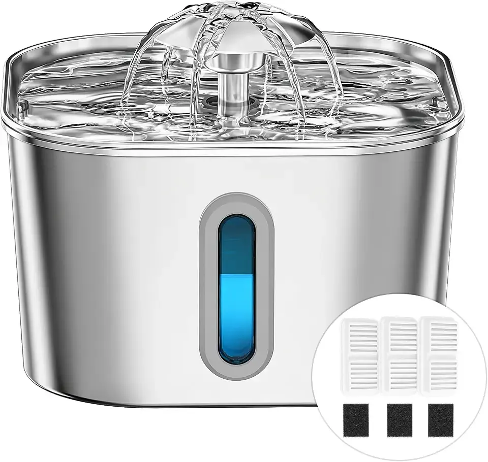 Cat Water Fountain Stainless Steel 74oz/2.2L with 3 Filters & 3 Sponges | Indoor Pet Water Dispenser-Automatic Silent Small Dog Fountains for Drinking-Auto Metal Watering Bowls-Gifts for Kitty Animal