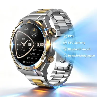 Blackview Smartwatch Herren, 14K-Gold-Einlage/GPS/Kompass/Bluetooth-Anrufe/AI/ChatGPT, 100+ Sportmodi, Fitnessuhr für Android iOS,Flagship Edition