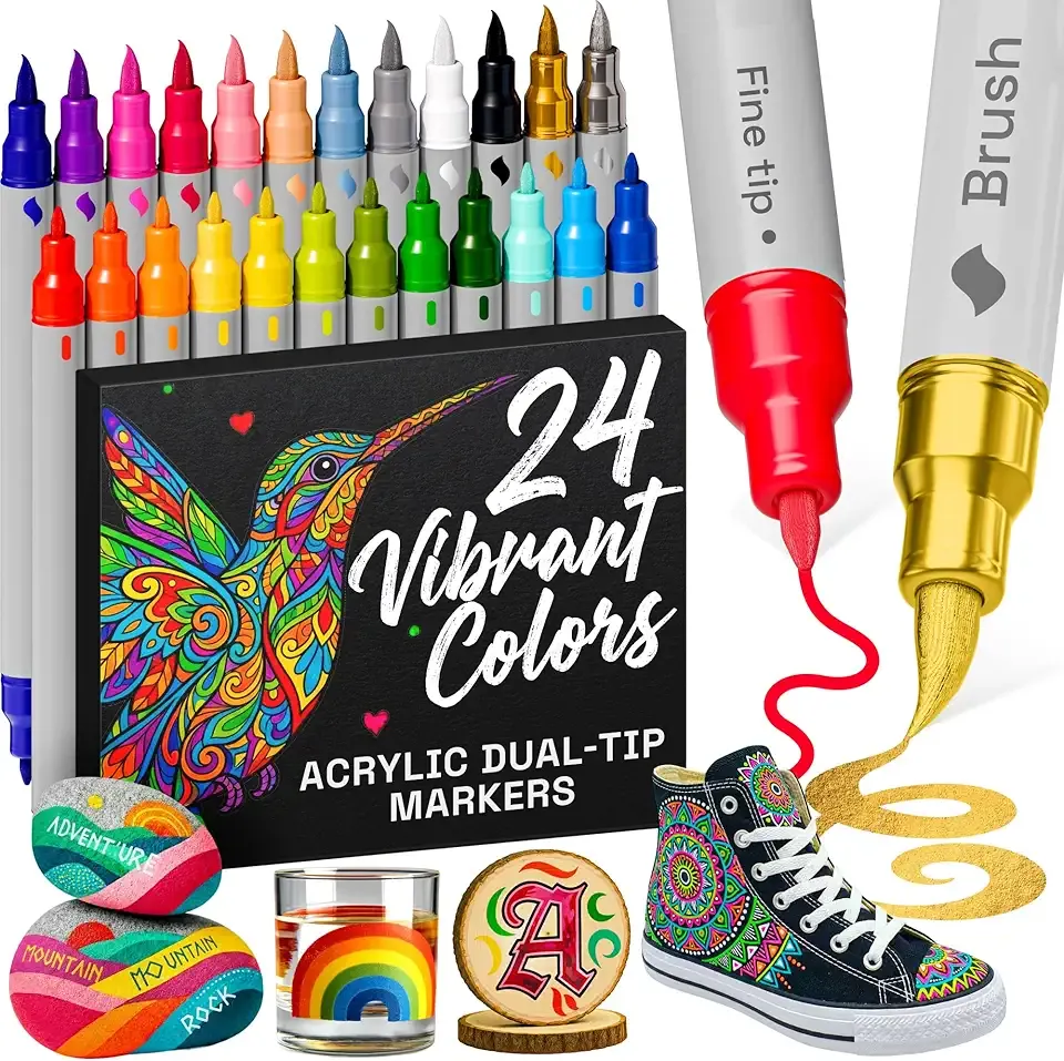 ARTISTRO 24 Acrylic Paint Markers - Paint Pens for Drawing, Brush + Fine Tips - For Fabric, Rock, Glass, Wood, DIY - Art & Craft Supplies for Adults, Teens, Kids - Teacher Appreciation Gift