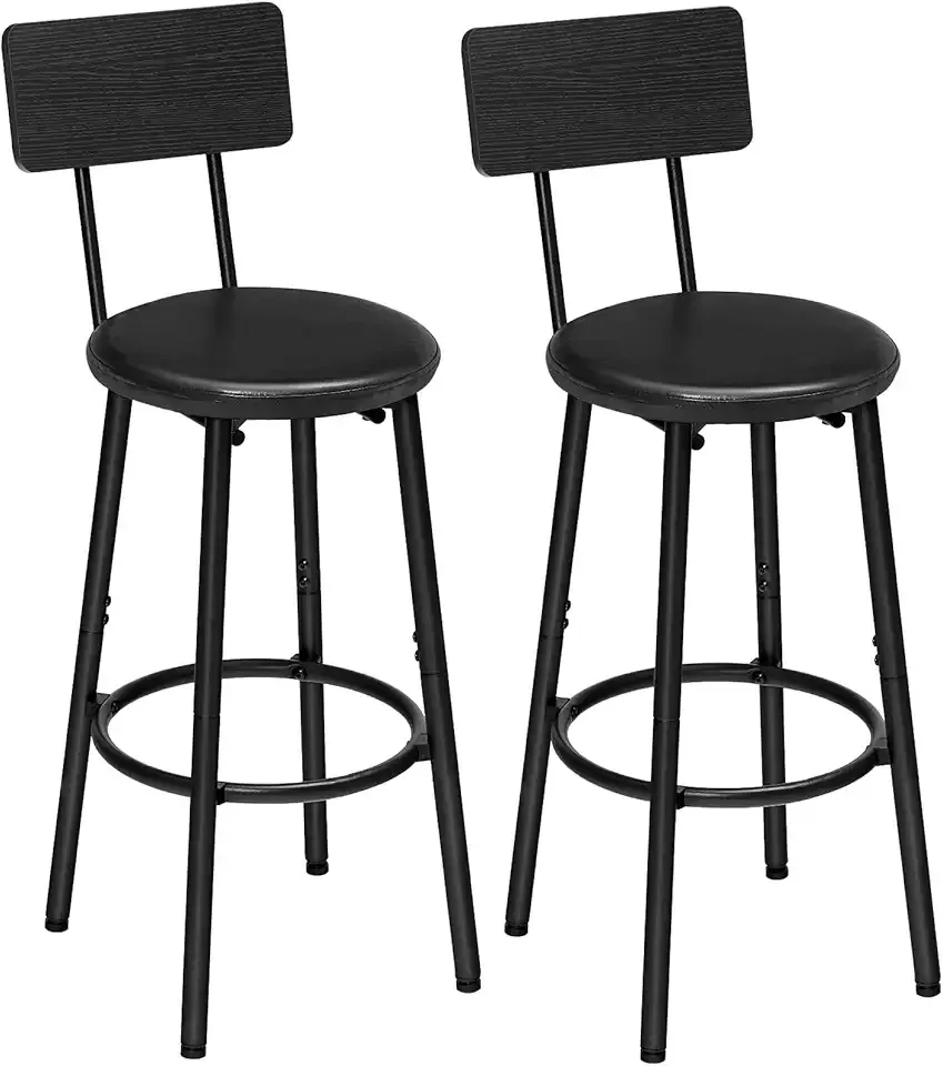 HOOBRO Bar Stools, Set of 2 Bar Stools with PU Upholstered, Bar Chairs with Footrest and Back, 26" Bar Stools for Kitchen Island, Dining Room, Easy to Assemble, Black BK31BY01G1
