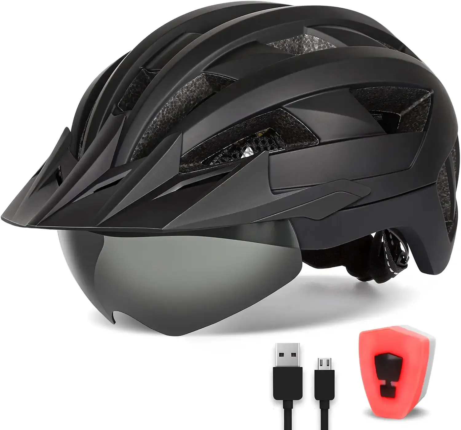 Adult Bike Helmet with Visor and Goggles for Men Women Mountain Road Bicycle Helmet Rechargeable Rear Light Cycling Helmet