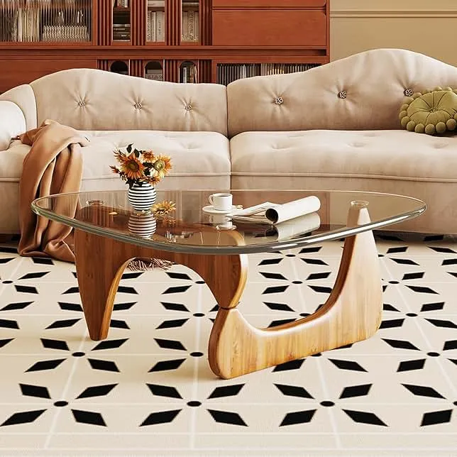 JCAJCA Coffee Table for Living Room Mid Century Modern Center Table with Glass Top and Wood, Transparent/Walnut