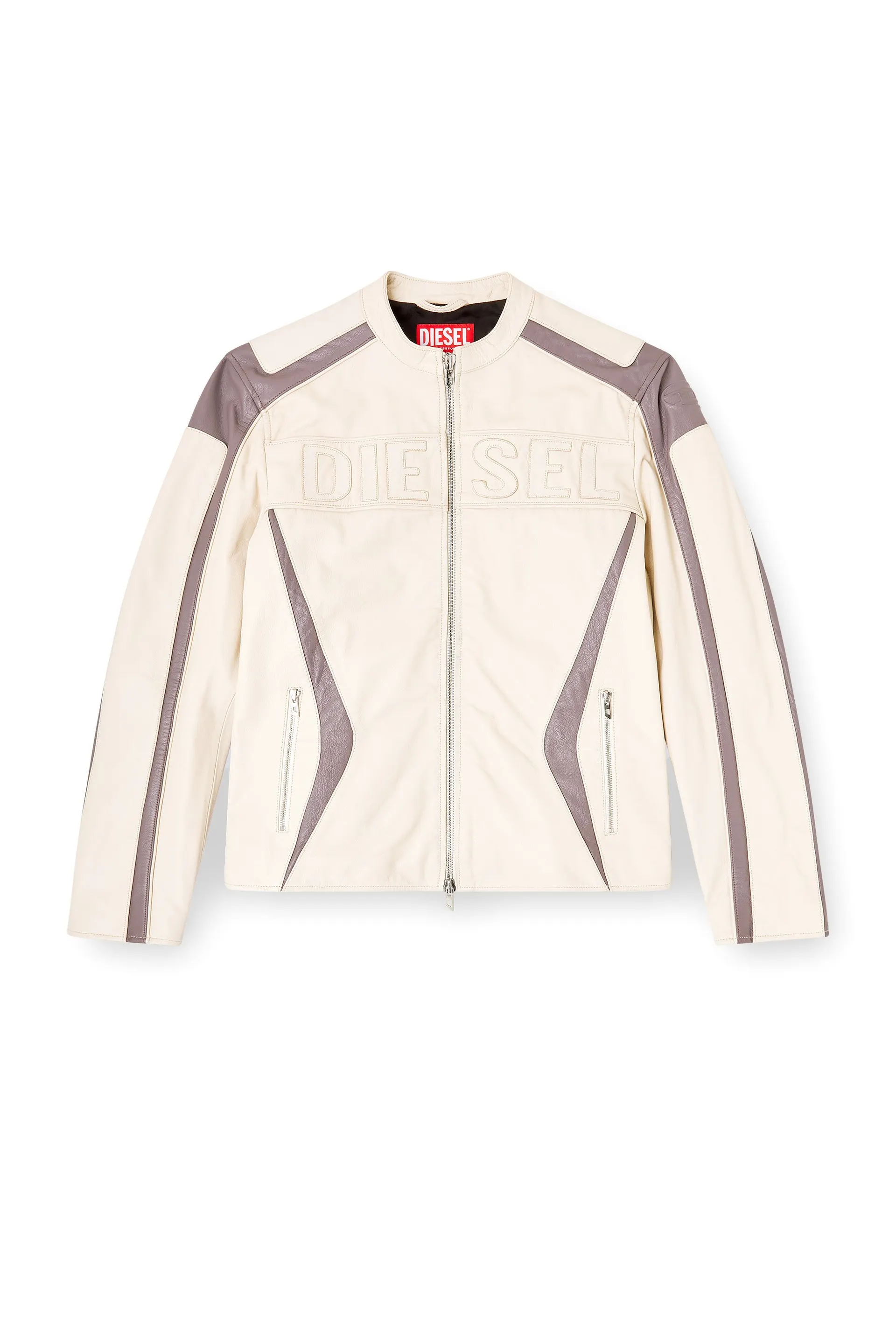 Colour-block leather biker jacket