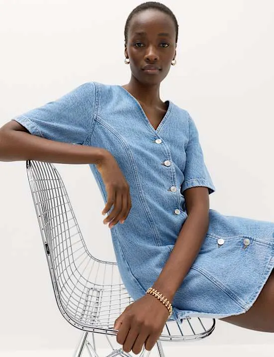 Denim V-Neck Button Through Mini Swing Dress