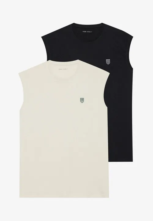 2 PACK EMBROIDERY LOOSE TANK TOP - Topper - true black/oatmeal