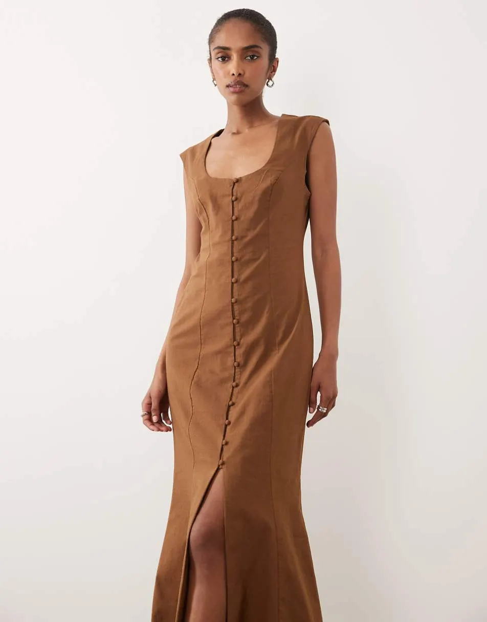 ASOS DESIGN square neck button down midi sundress in warm chocolate - BROWN