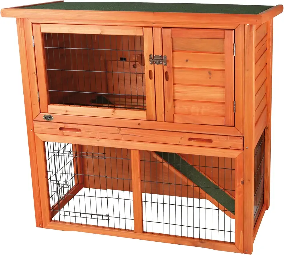 TRIXIE natura Outdoor Rabbit Hutch with Run - 2-Story Rabbit Cage with Non-Slip Ramp - Medium Elevated Small Animal House with Secure Playpen, Hinged Roof & Pull-Out Tray - in Brown