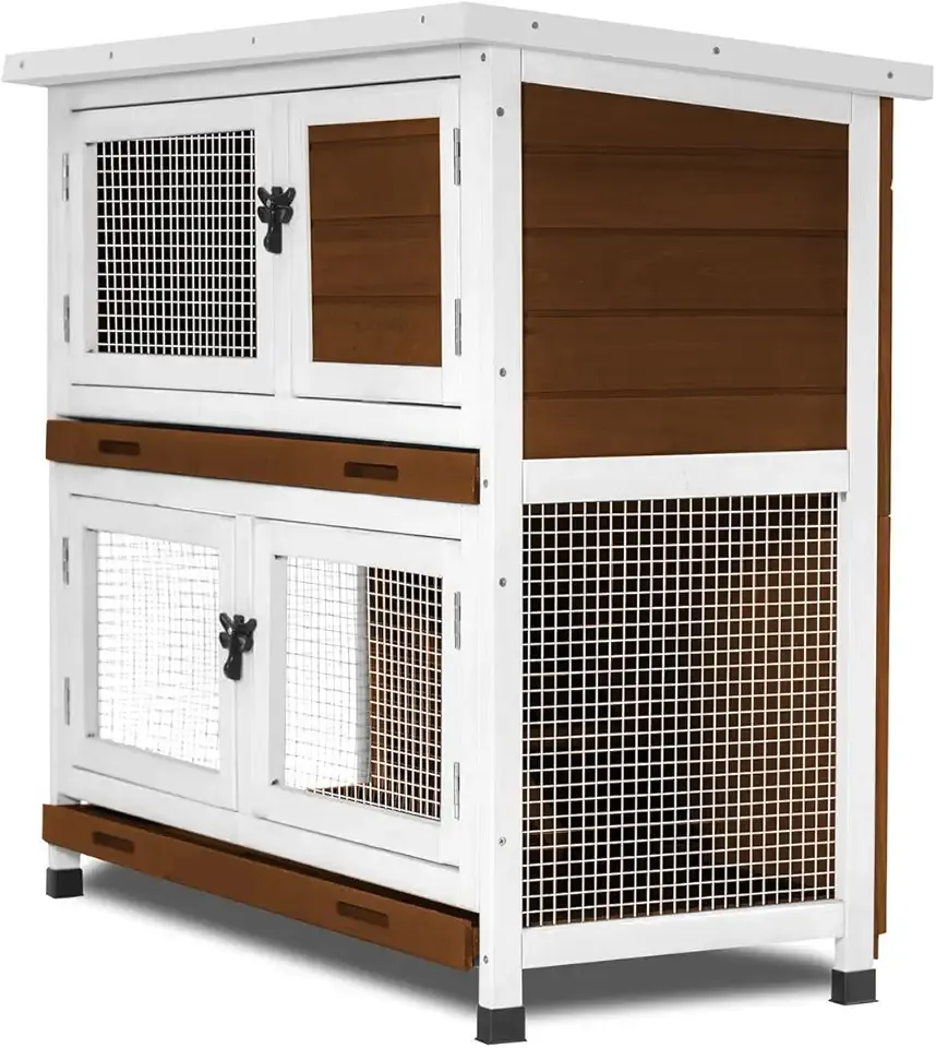 2 Story Rabbit Hutch, Indoor Outdoor Bunny Hutch Solid Wood Rabbit Cage with Removable Trays, Waterproof Asphalt Roofs and Ventilation Door, Small Animal House for Rabbit Guinea Pig Ferret, Walnut
