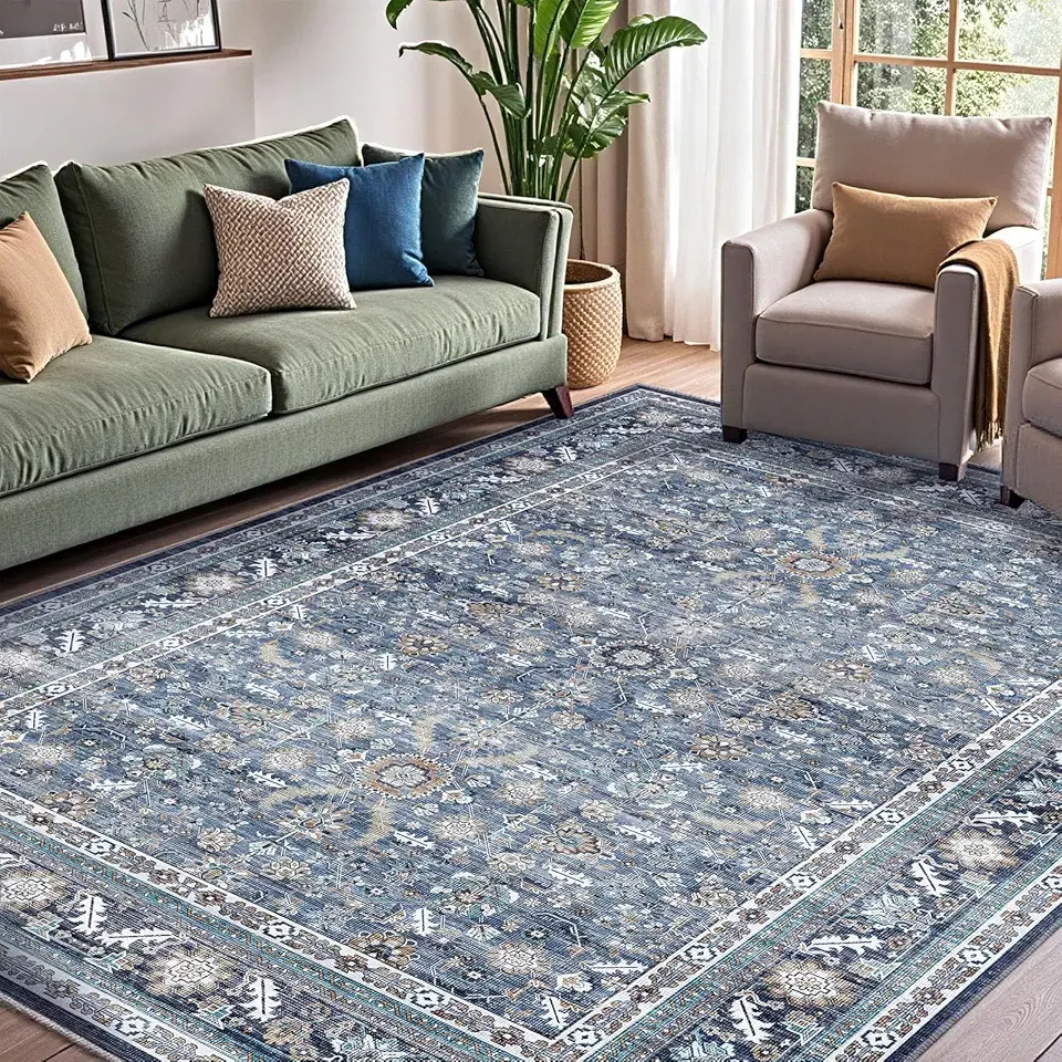 OPPODREAM Vintage Blue Area Rugs 5x7, 5 x 7 Retro Washable Rug Non Slip, Low-Pile Faux Wool Carpet, Soft Distressed Navy Floor Mat for Living Room, Bedroom, Kitchen, Office, Dorm, Dinning Room