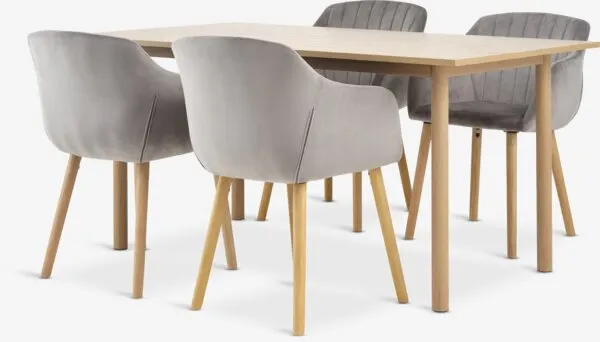 ALSTED + ADSLEV ALSTED L160 tafel naturel eik + 4 ADSLEV stoelen grijs