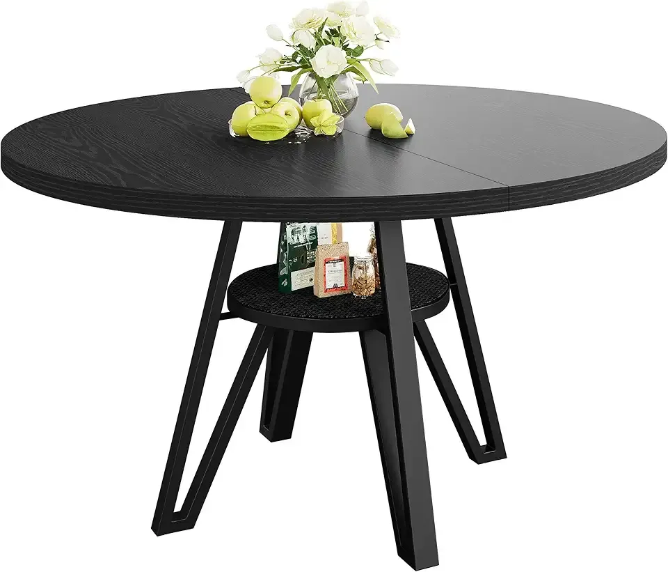 LIKIMIO 47.2" Round Dining Table for 4, Kitchen Table with Rattan Storage Shelf, Space Saving, Farmhouse Wood for Dining Room, Living Room, Black