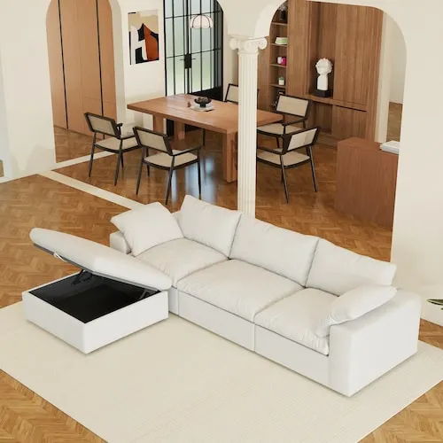 Magic Home 118 in. White Linen L-shaped Sectional Sofa Cloud Couch with Storage Ottoman for Bedroom