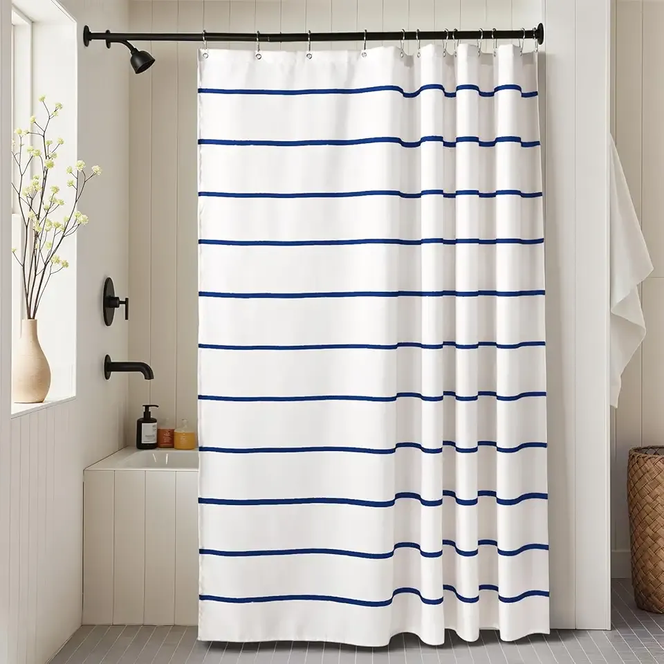Striped Shower Curtain Set: Navy Blue Shower Curtain Stripes with Hooks, Coastal Printed Plaid Pattern Waterproof Fabric, Modern Farmhouse Home Decor for Bathroom, 72" x 72"