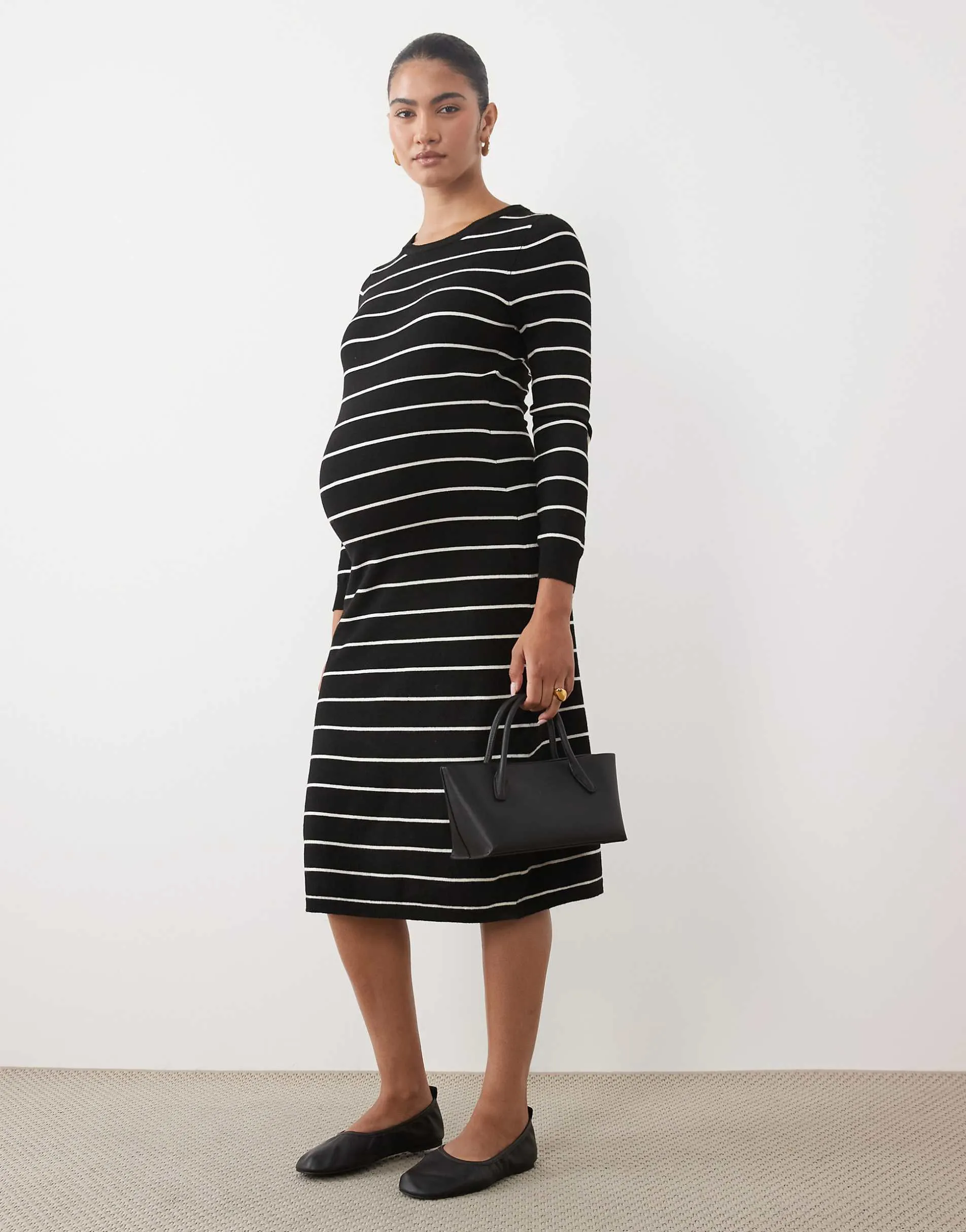Mamalicious Maternity long sleeve knitted midi dress in black with white stripes