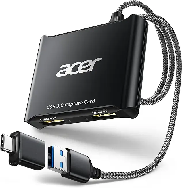 acer USB 3.0 Video Capture Card, HDMI Capture Card for Streaming with 4K Loop-Out & USB A/C | 1080P 60Hz HD | Video Audio Game Capture for PS5/PS4/Switch2/Xbox/Camera/PC/Mac