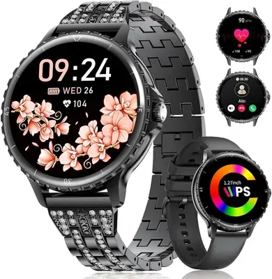 Smartwatch Damen Anruf 1.27" HD Elegant Diamant Frauen für Android iOS,100+Sportmodi,Herzfrequenz, Schlafmonitor, Menstruationszyklus, Kalorien