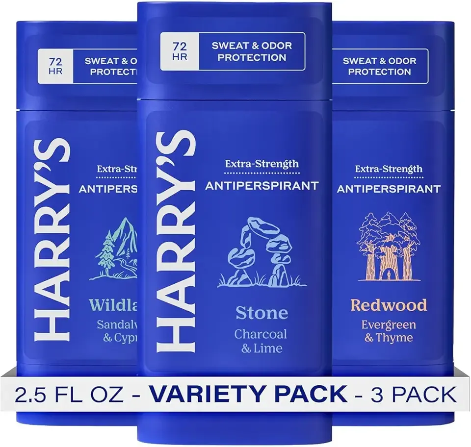 Harry's Extra-Strength Antiperspirant Deodorant, Sweat & Odor Control Antiperspirant for Men, Variety Pack - Stone, Redwood, Wildlands, 2.5 oz Pack of 3