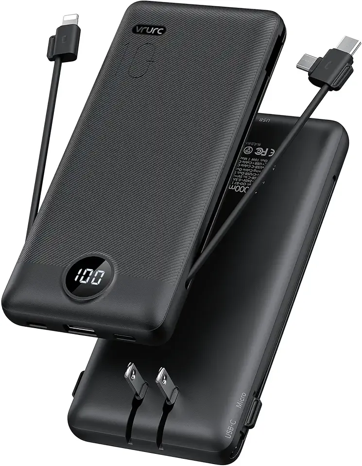 Portable Charger,Power Bank Built-in Cables and AC Wall Plug,VRURC USB C Portable Bank 10000mAh,Travel Essentials Phone Charger Compact Lightweight External Battery Pack for Smart Phones,Tablets-Black