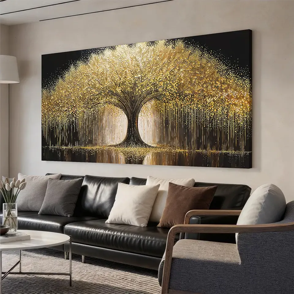 Large Golden Tree Of Life Wall Art Decor Modern Ready To Hang Room Wall Decor Large Wall Art For Living Room Kitchen Office Bedroom Canvas Prints Decor 29x58 Inch