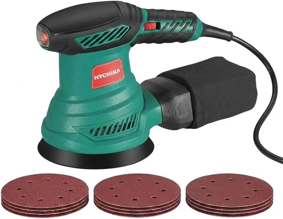 HYCHIKA 5-Inch Random Orbital Sander, 13000RPM Electric Palm Sander with 6 Variable Speeds, Powerful Motor, 12PCS Sandpapers and Efficient Dust Collection Bag, for Woodworking, Finishing and Polishing