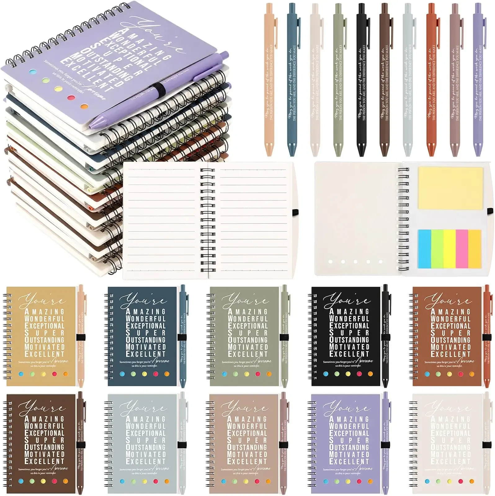 Jetec 100 Pcs/50 Sets Motivational Spiral Notebook with Sticky Notes Pen Bulk Boho Inspirational Journals Valentine Employee Appreciation Thank You Gift for Teacher Coworker Staff Team (Morandi Earth)