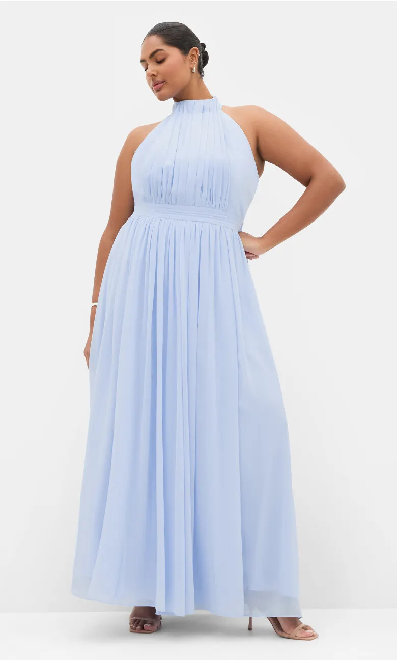 Lucy Halter Pleat Front Maxi Dress - sky blue