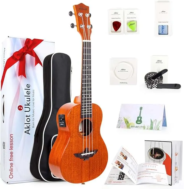 Concert Ukulele, AKLOT Acoustic-Electric Ukelele 23 Inch Solid Mahogany with Equalizer Uke for Professional Player with Beginner Kit (Gig Bag, Picks, Strap, String, Cleaning Cloth, Starter Manual)