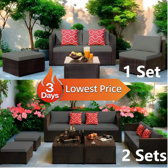 Patio Furniture Set Clearance, Lofka 5 Pieces Wicker Outdoor Conversation Set with Removable Cushions, Glass Bistro Coffee Table, 2 Pillows, Gray