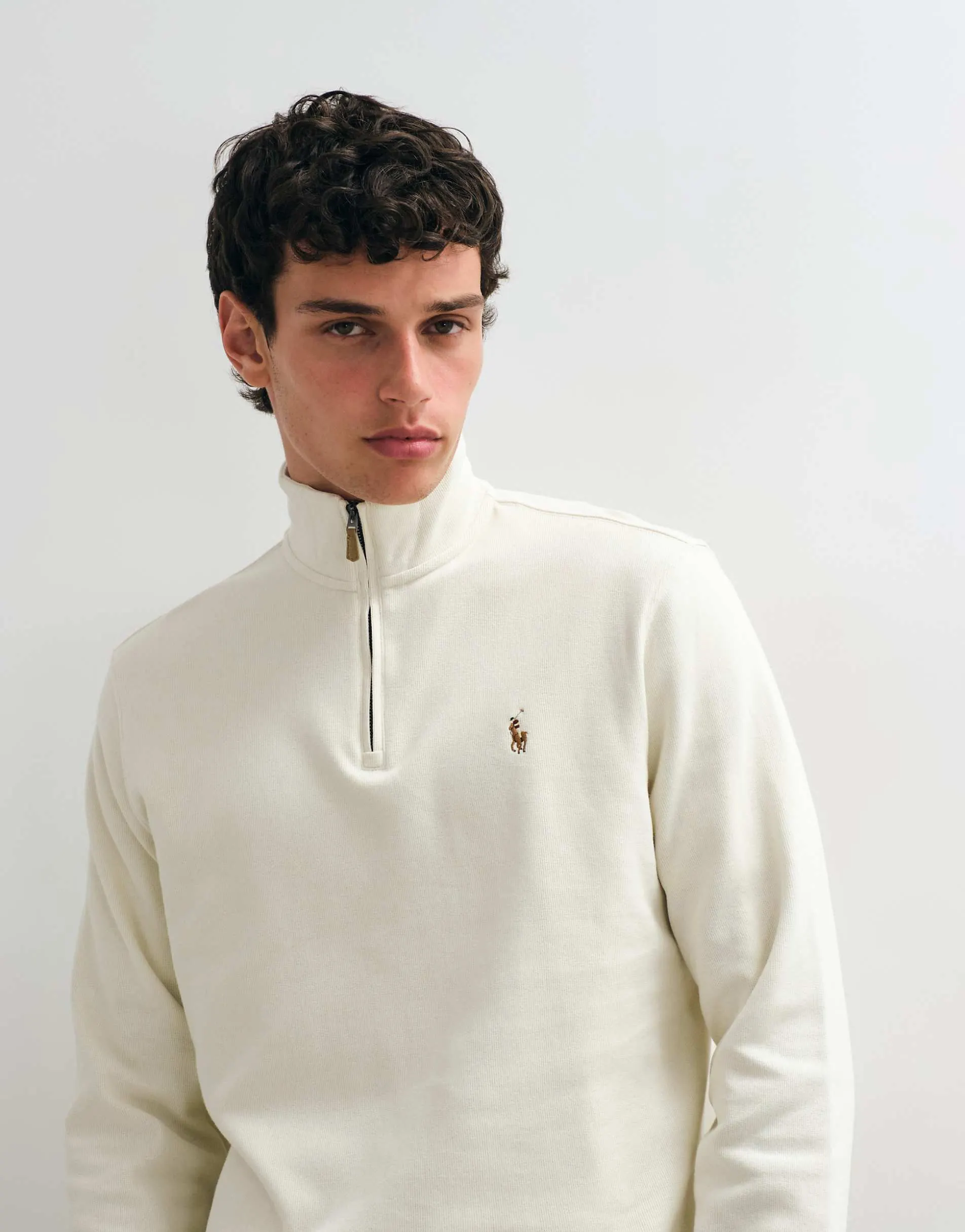 Polo Ralph Lauren icon logo estate rib quarter zip jumper in off white