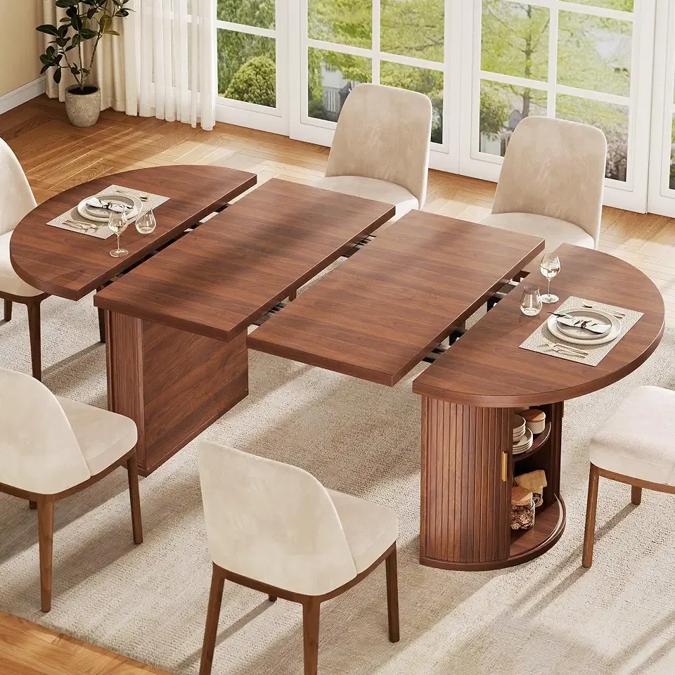 43"-79" Extendable Dining Table for 4-8 with Fluted Storage Base, Walnut