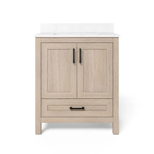 Home Decorators Collection Ellia 30-inch W x 20-inch D 2-Door & 1-Drawer Oak Wood Bathroom Vanity Single Undermount Sink with Engineered Carrera White Stone Top