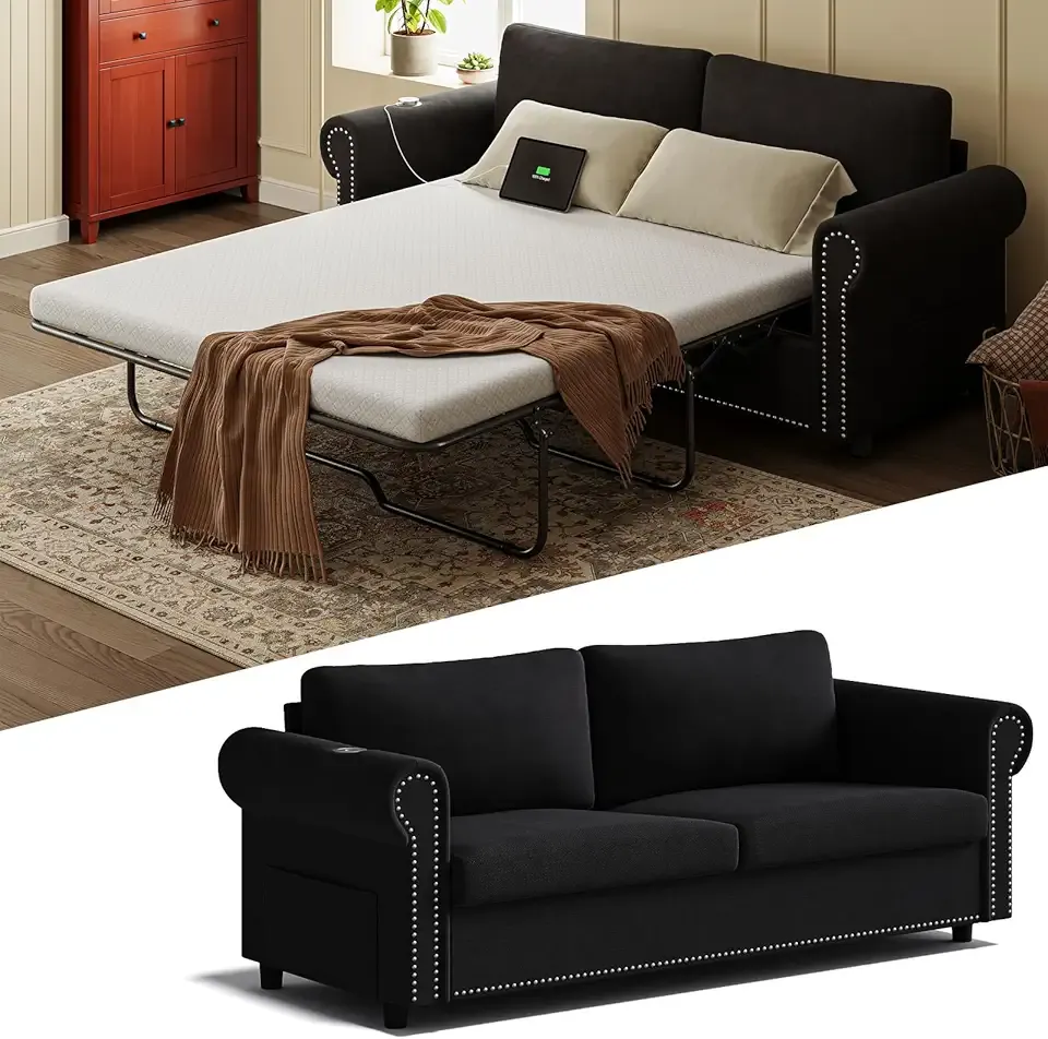 Queen Pull Out Sofa Bed | 83" Large Sleeper Sofa with Queen Size Mattress | 2-in-1 Convertible Loveseat Sofa-Bed with USB Ports Side Pockets Black