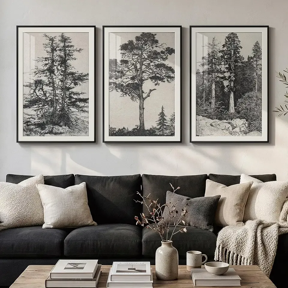 Framed Large Vintage Black and White Wall Art for Living Room, 3 Piece Tree Artwork for Walls, Modern Classic Rustic Sketch Forest Botanical Canvas Painting Prints for Office Wall Decor, 24x36 In