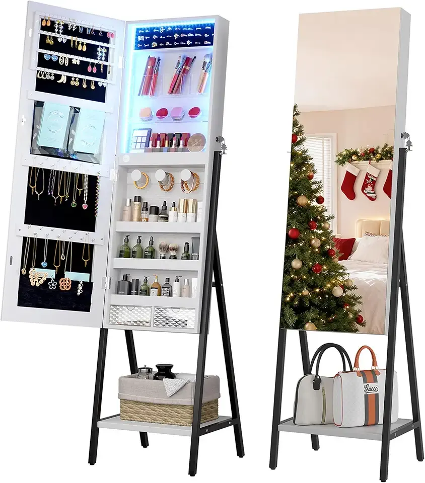 LVSOMT 3 LEDs Mirror Jewelry Cabinet, 60.4" Jewelry Mirror Full Length, Standing Lockable Jewelry Armoire Organizer, Floor Mirror with Storage for Jewelry Cosmetics, White