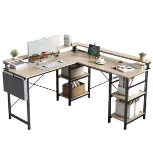 Escritorio Gaming en L con LED y Tomas Integradas, 4 Estantes Ajustables y Soporte para Monitor, Ideal para Oficina en Casa