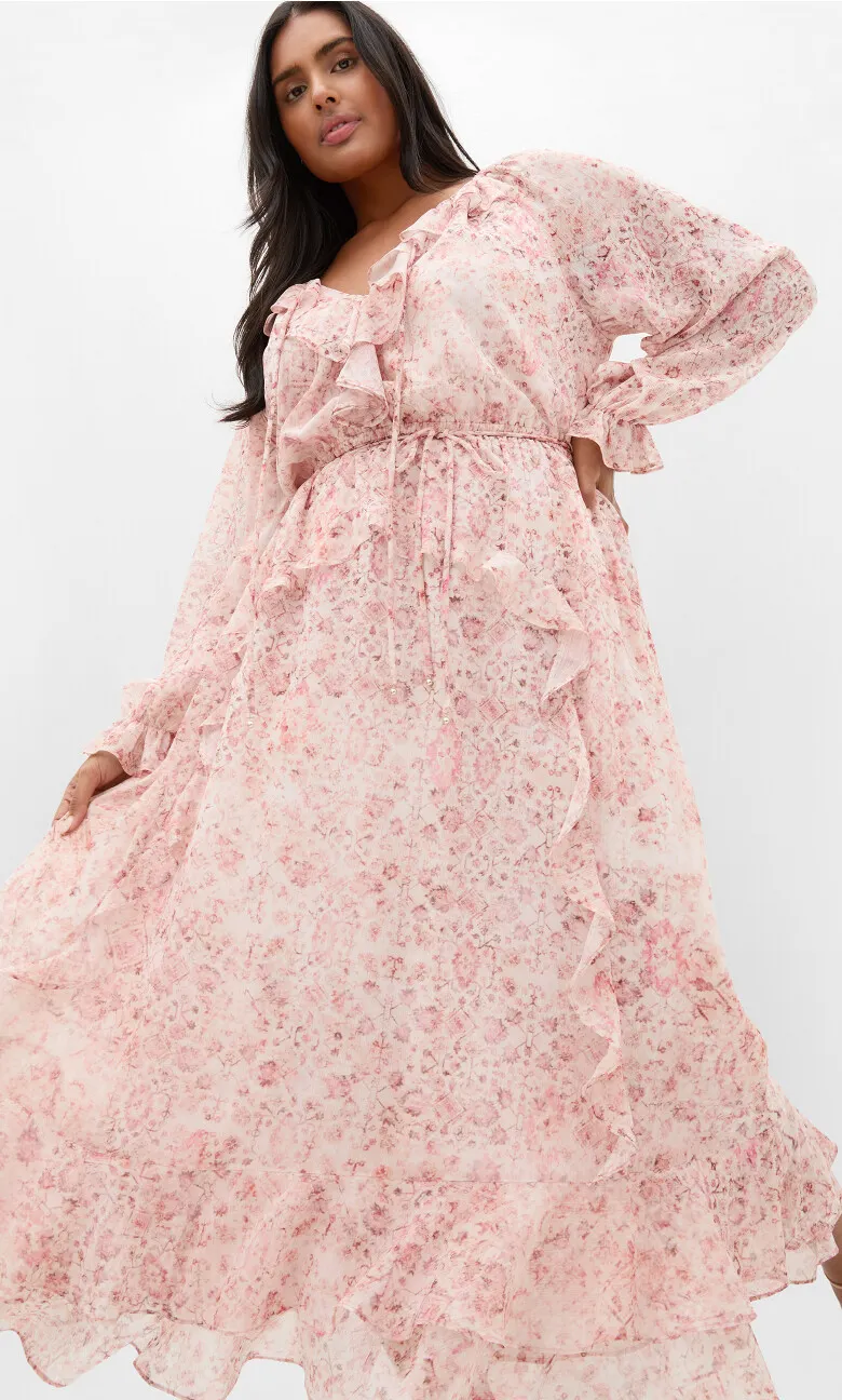 Glam Frill Print Maxi Dress - blush pink