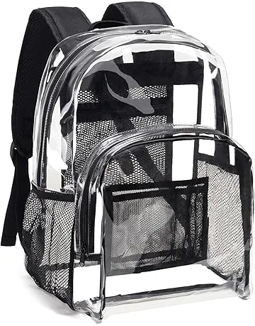 Vorspack Clear Backpack Heavy Duty PVC Transparent Backpack with Reinforced Strap Stitches & Large Capacity for College Workplace Security - Black