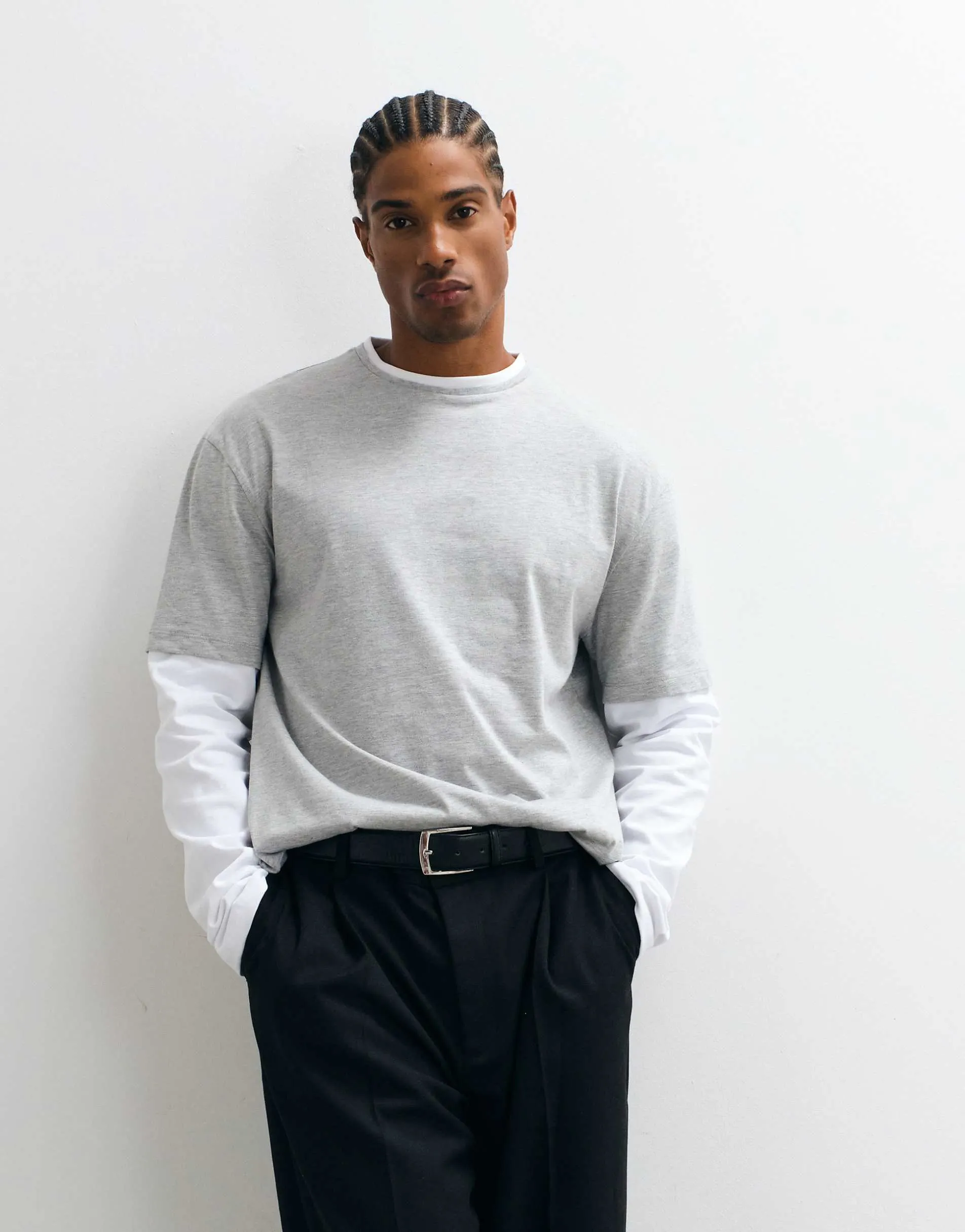 ASOS DESIGN slim fit t-shirt with double layer in grey marl and white