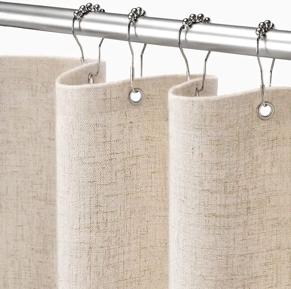 Linen Shower Curtain Beige, Fabric Boho Farmhouse Shower Curtains for Bathroom Cream Cotton Natural Cloth Liner Set 72" W x 72" L