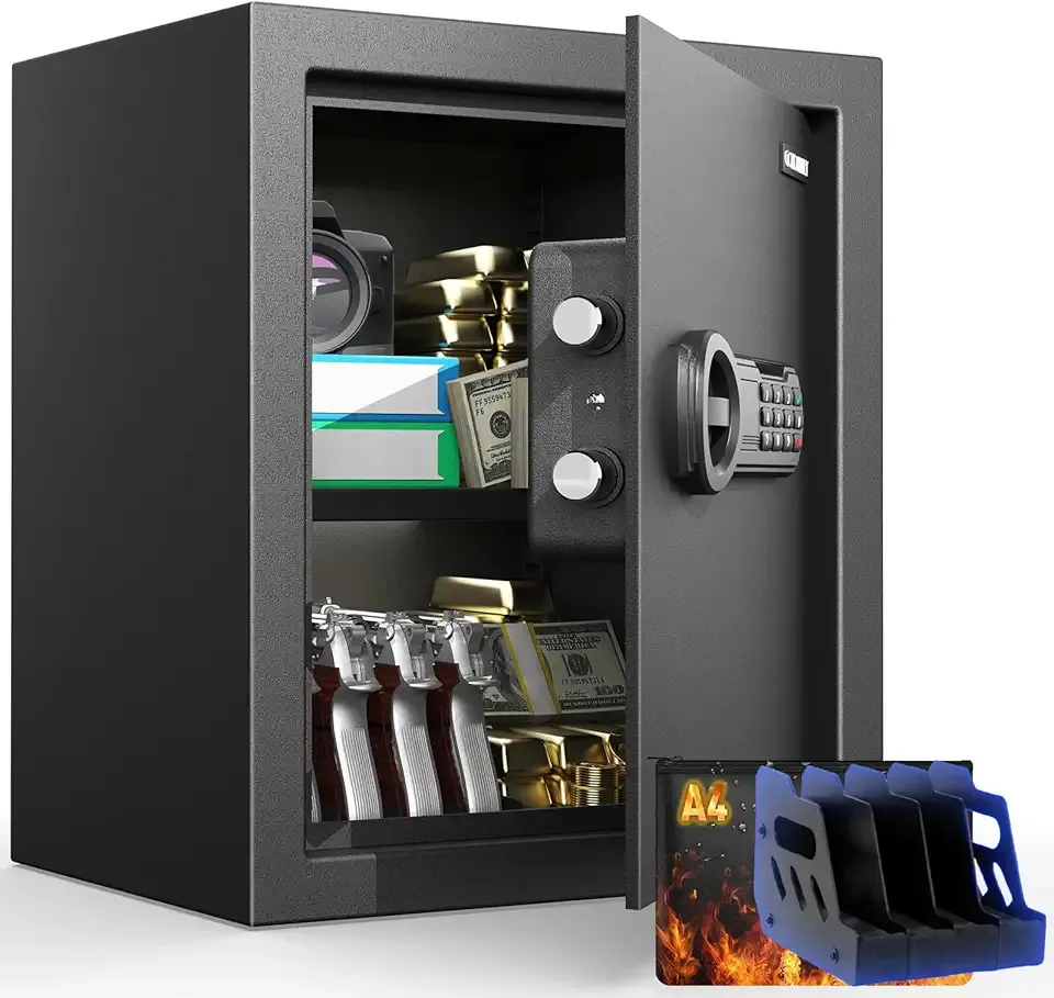 2.3 Cu.Ft Modern Fireproof Safe with Gun Rack – Dual Passwords, Fireproof Bag, Adjustable Shelf, Anti-Scratch Mat & Mounting Kit, Fits Laptop, Documents & Valuables, 15.75"D x 13.78"W x 13.78"H