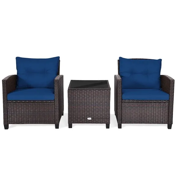 Deal, Patiojoy 3PCS Wicker Cushioned Conversation Set Outdoor Rattan Furniture w/ Navy Cushions