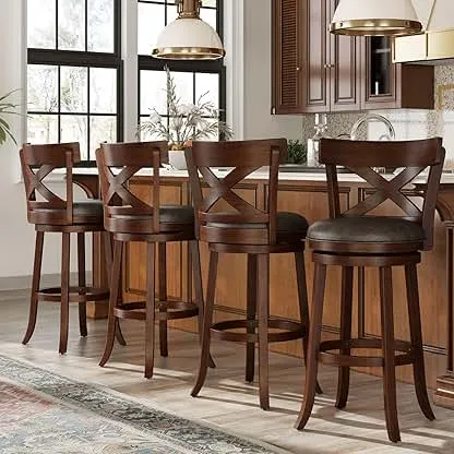 Sophia & William Swivel Bar Stools Set of 4, 30 Inch Bar Height Barstools with Cross Back & Solid Wood Legs,Faux Leather Kitchen Stools, Brown Sophia & William Swivel Bar Stools Set of 4, 30 Inch Bar H…