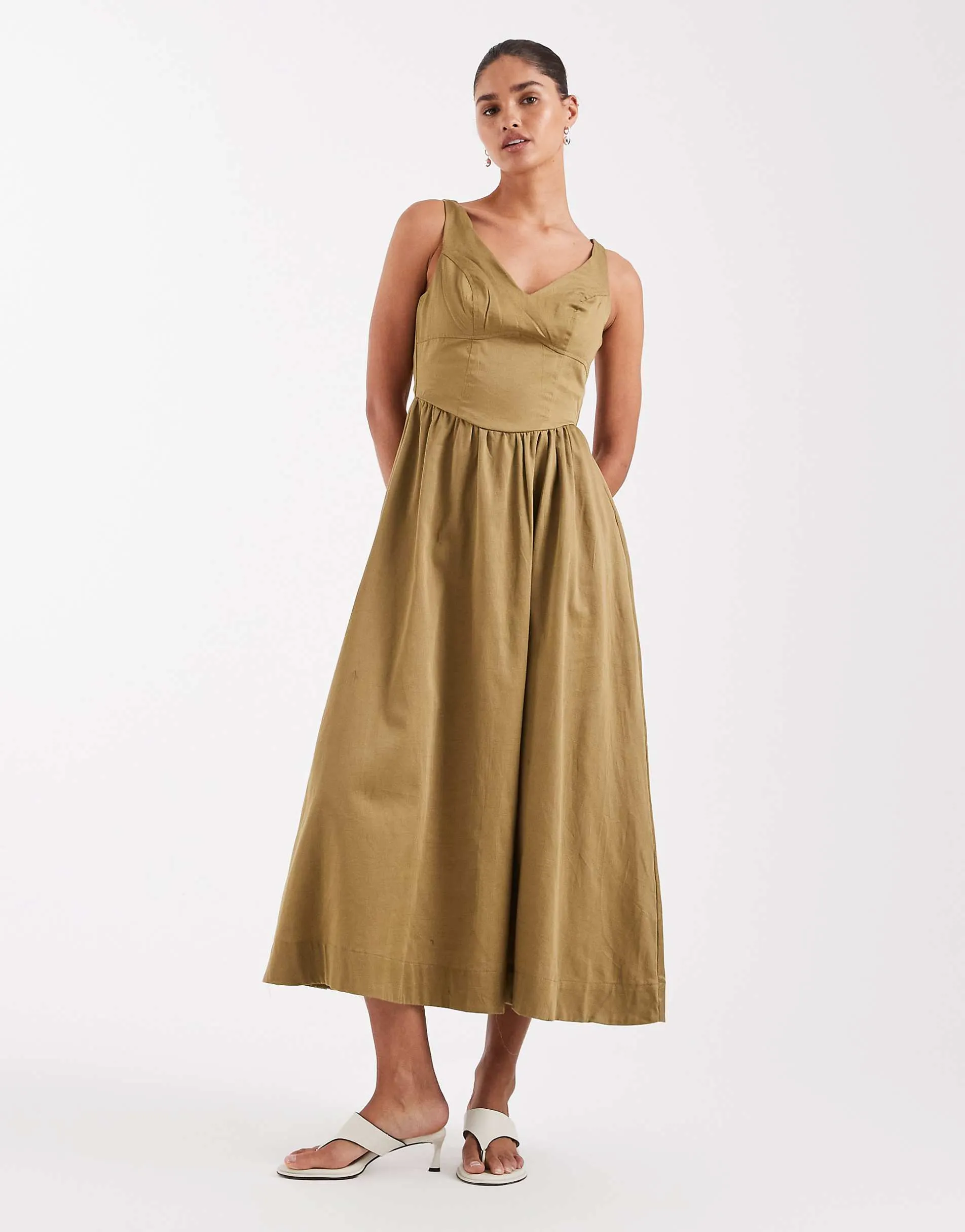 ASOS DESIGN waisted v neck maxi dress with seaming details in olive