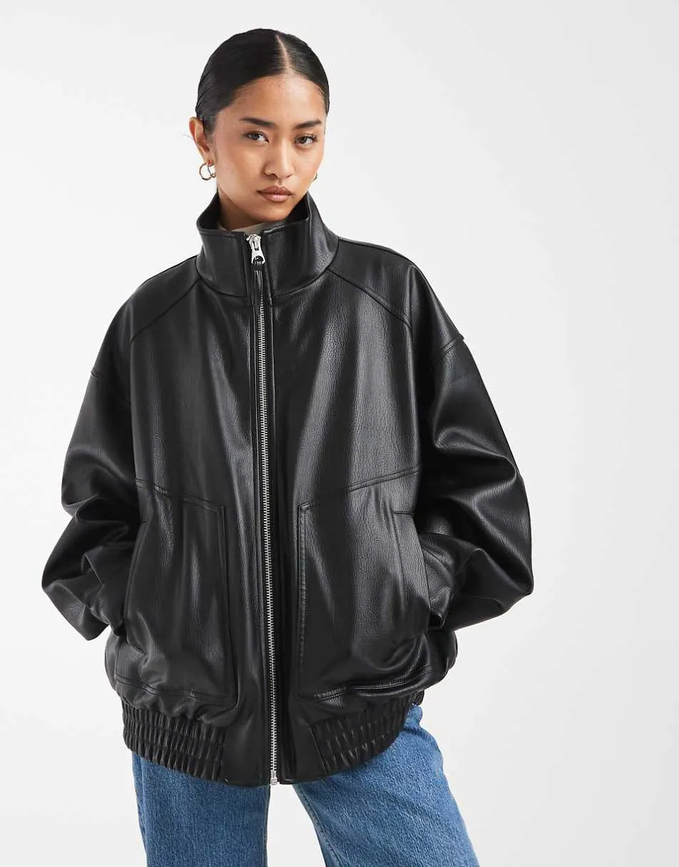 ASOS DESIGN oversized leather look funnel bomber jacket in black