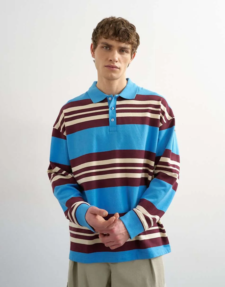 Topman relaxed fit stripe polo shirt in blue