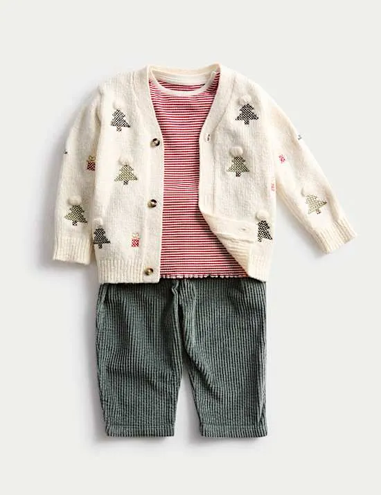 3-tlg. weihnachtliches Outfit mit Cardigan aus Baumwollmischgewebe (0–3 J.)