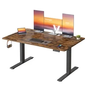 Escritorio ajustable en altura con 3 memorias, USB-C y bandeja para regleta, para oficina, 140x80 cm, marrón