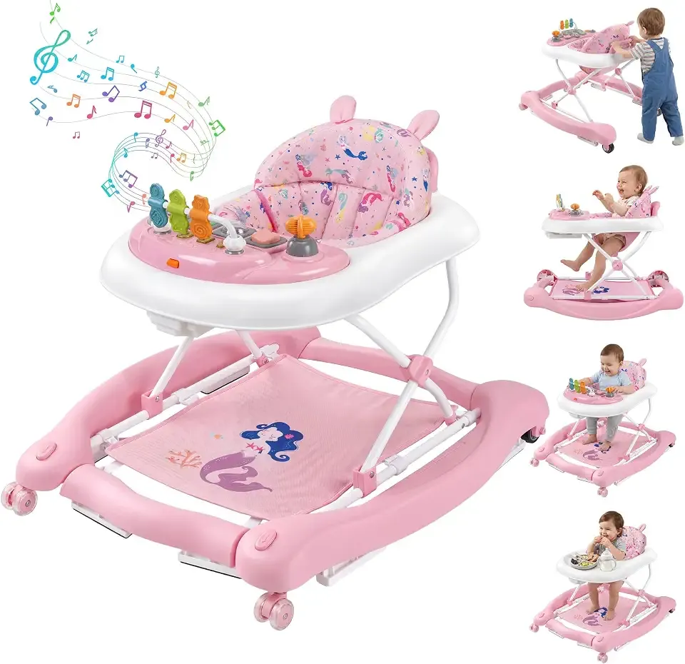 5 in 1 Foldable Baby Walker with Wheels, Music and Lights Bouncer Combo, Rocker, Activity Center for Baby Boys Girls, Adjustable Speed and Height for 6-18 Months (Pink)
